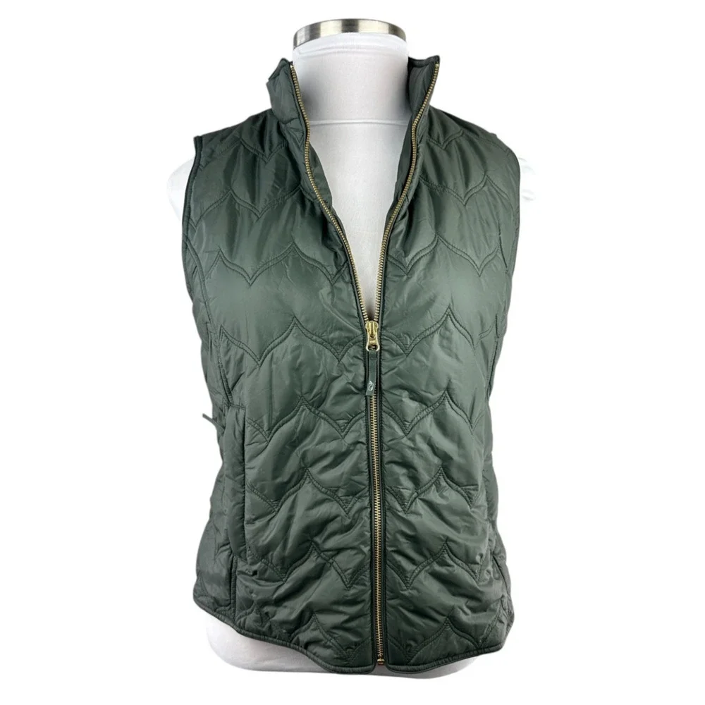 Vineyard Vines Chevron Quilted Whale Tail Vest Green Gold Full Zip Women's Large - Picture 3 of 14